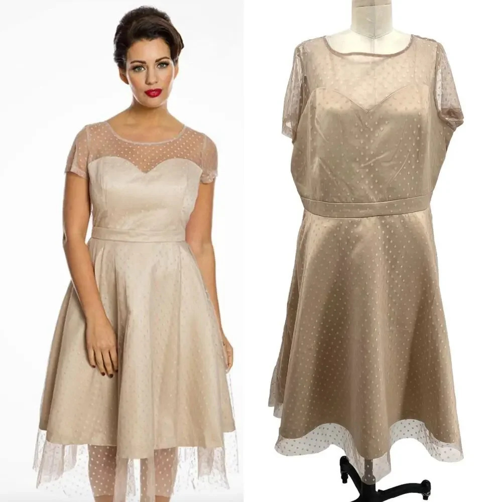 Lindy Bop Leona Almond Polka Dot Mesh Prom Dress‎ Beige Plus Size 3XL